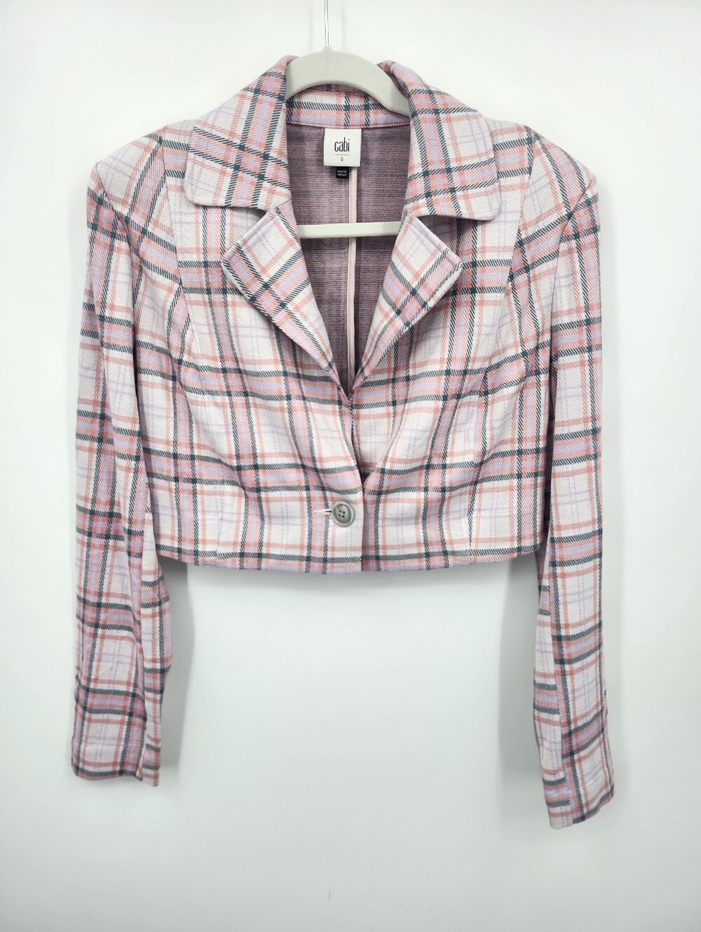 Cabi Spring Pink Grey Plaid Playdate Crop Jacket Blazer Sz S